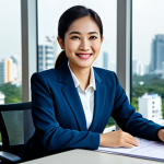 **

A Thai businesswoman in a modern, fully clothed, modest business suit, smiling confidently at her desk in a bright, contemporary Bangkok office. The background includes blurred city views through large windows. Perfect anatomy, well-formed hands, natural pose, professional lighting, high-resolution, safe for work, appropriate content, family-friendly.

**