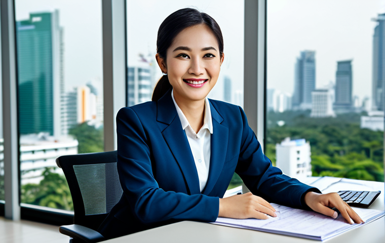 **
A Thai businesswoman in a modern, fully clothed, modest business suit, smiling confidently at her desk in a bright, contemporary Bangkok office. The background includes blurred city views through large windows. Perfect anatomy, well-formed hands, natural pose, professional lighting, high-resolution, safe for work, appropriate content, family-friendly.
**