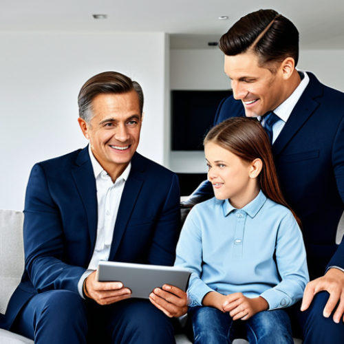 Home 20 **
"A professional-looking family, fully clothed and in appropriate attire, gathered in a modern living room discussing financial documents and a tablet displaying online accounts. The scene emphasizes financial planning and legacy for future generations. Safe for work, family-friendly, professional setting, modest clothing, perfect anatomy, natural proportions, high quality."
**