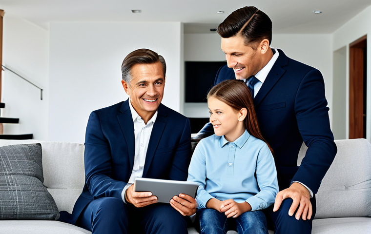 **
"A professional-looking family, fully clothed and in appropriate attire, gathered in a modern living room discussing financial documents and a tablet displaying online accounts. The scene emphasizes financial planning and legacy for future generations. Safe for work, family-friendly, professional setting, modest clothing, perfect anatomy, natural proportions, high quality."
**