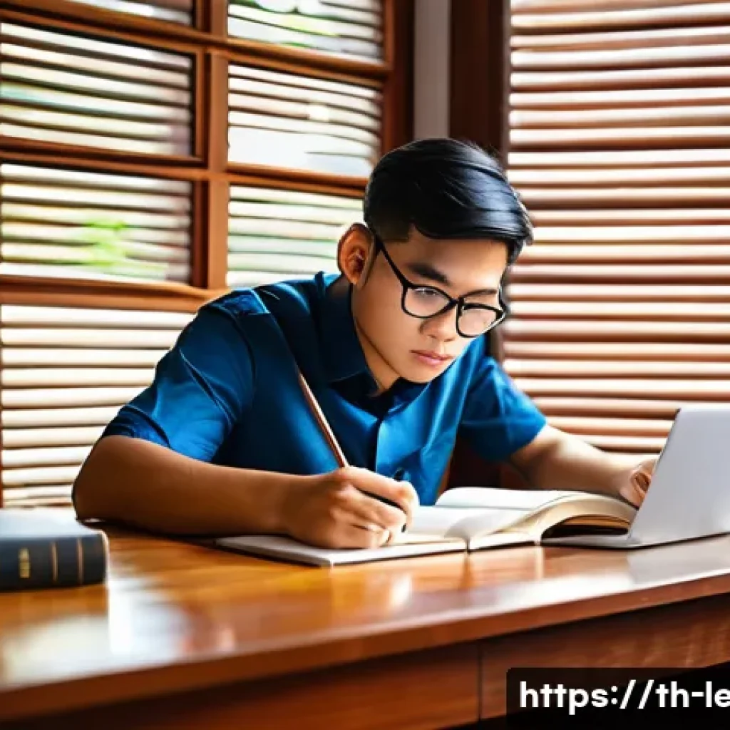 법무사 시험을 위한 모의고사 활용법 - A focused young Thai law student sitting at a tidy wooden desk in a quiet, well-lit room resembling ...