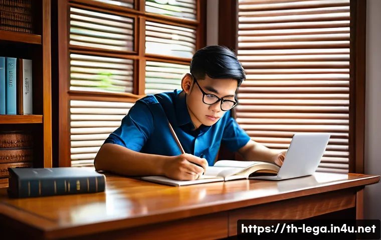 법무사 시험을 위한 모의고사 활용법 - A focused young Thai law student sitting at a tidy wooden desk in a quiet, well-lit room resembling ...