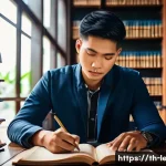 법무사 시험 중 민법과 형법의 중요 비교 - A detailed illustration of a Thai law student studying civil and criminal law in a traditional Bangk...