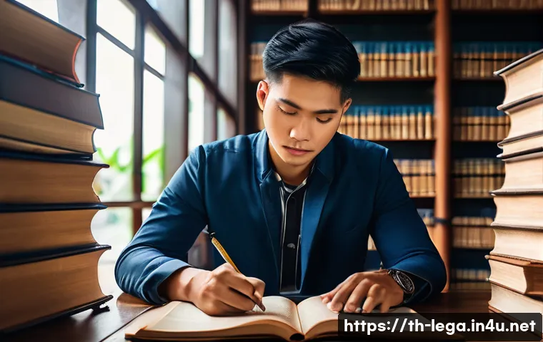 법무사 시험 중 민법과 형법의 중요 비교 - A detailed illustration of a Thai law student studying civil and criminal law in a traditional Bangk...