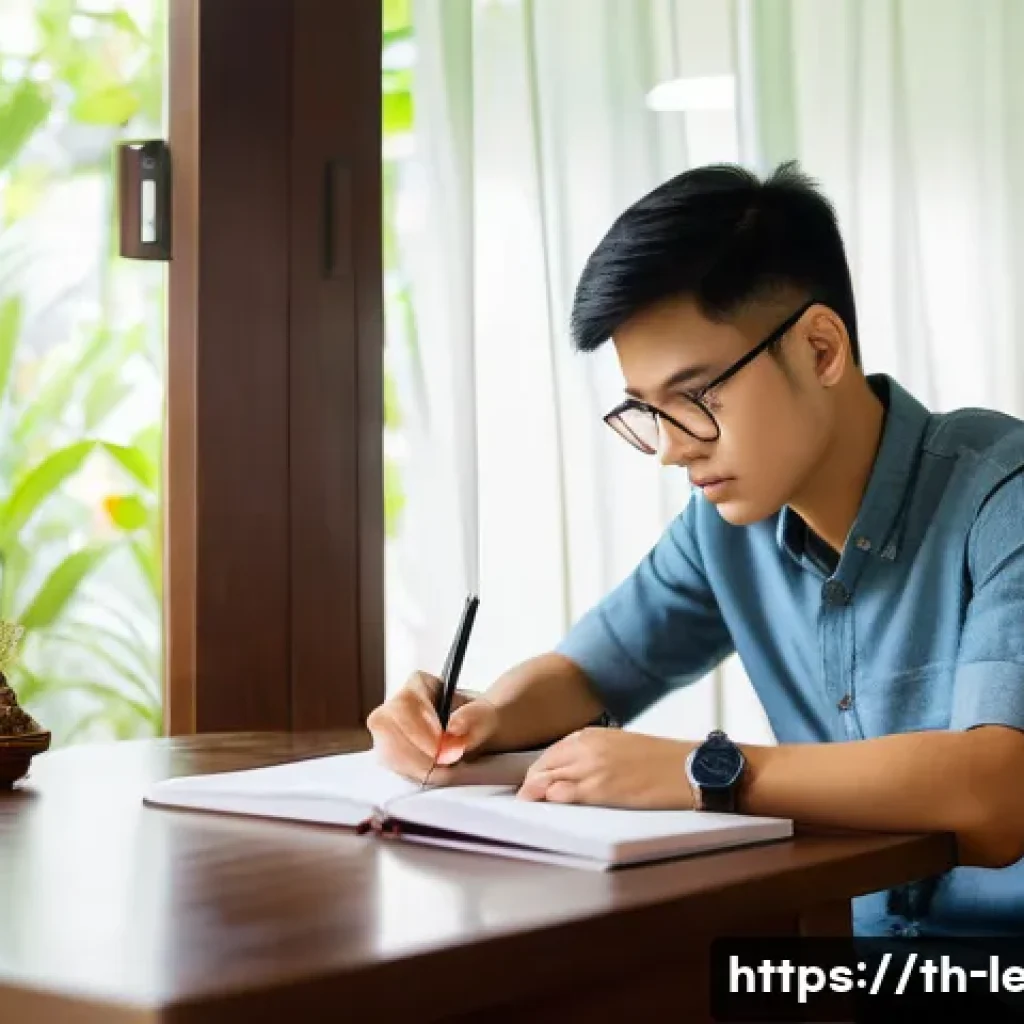 법무사 시험에서 놓치기 쉬운 항목 - A focused Thai university student studying law in a quiet, well-lit room with traditional Thai decor...