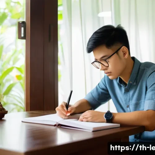 Home 33 법무사 시험에서 놓치기 쉬운 항목 - A focused Thai university student studying law in a quiet, well-lit room with traditional Thai decor...
