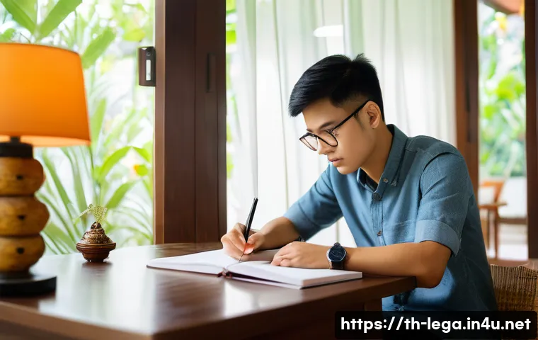 법무사 시험에서 놓치기 쉬운 항목 - A focused Thai university student studying law in a quiet, well-lit room with traditional Thai decor...