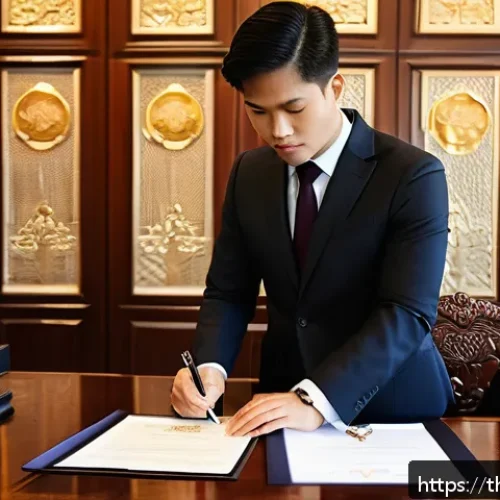 Home 32 법무사 자격증의 장점과 단점 - A professional Thai lawyer in a modern office setting, wearing a formal dark suit and tie, confident...