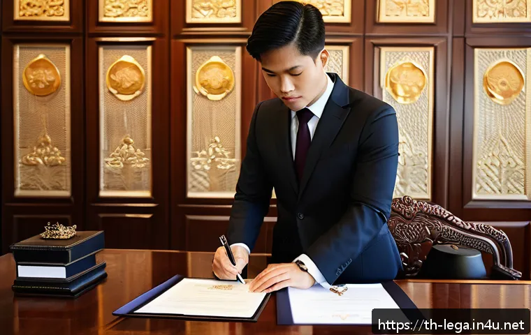 법무사 자격증의 장점과 단점 - A professional Thai lawyer in a modern office setting, wearing a formal dark suit and tie, confident...