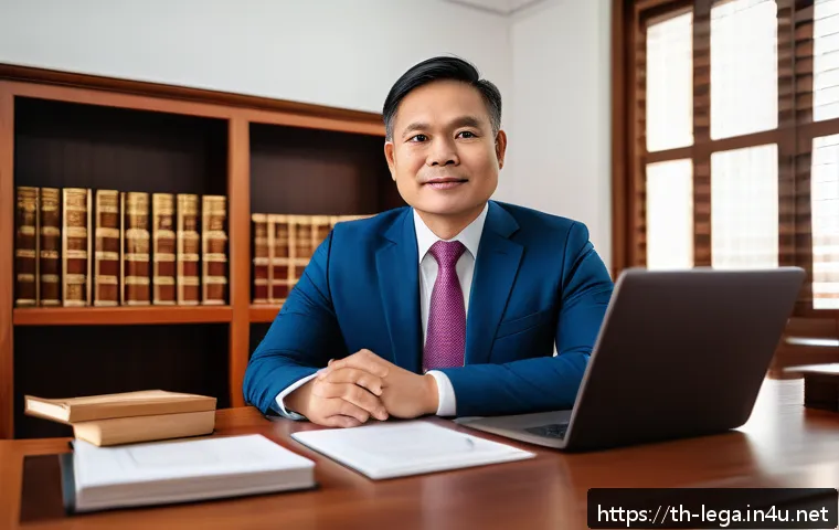 법무사와 법원 서류 처리 사례 - A professional Thai lawyer&rsquo;s office interior scene, showing a confident middle-aged Thai male lawyer...
