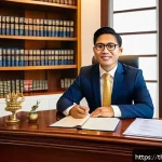 법무사 업무에서 소송 관련 지식 - A professional Thai lawyer in a modern office setting, sitting at a desk with legal documents and a ...