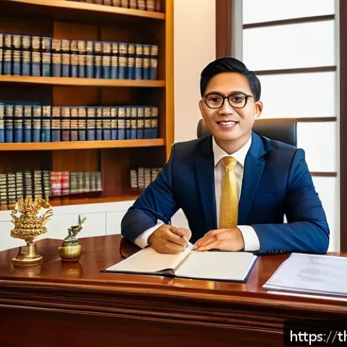 Home 17 법무사 업무에서 소송 관련 지식 - A professional Thai lawyer in a modern office setting, sitting at a desk with legal documents and a ...