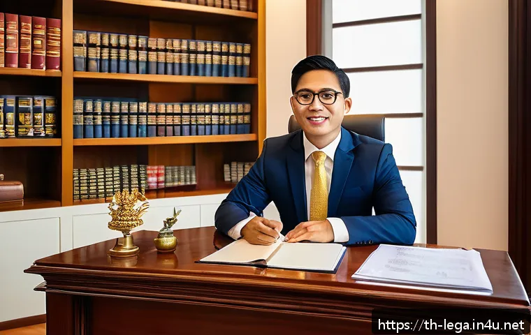 법무사 업무에서 소송 관련 지식 - A professional Thai lawyer in a modern office setting, sitting at a desk with legal documents and a ...