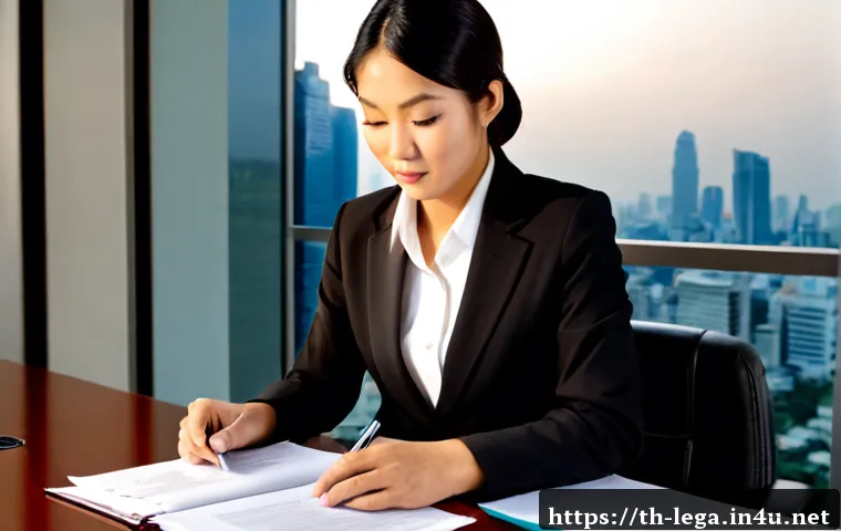 Home 15 법무사로서 재판 관련 업무 사례 - Photorealistic Thai legal professional in formal business attire reviewing a neatly organized court ...